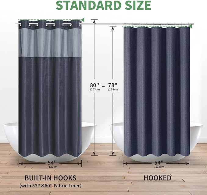 eachope Stall No Hook Shower Curtain with Snap-in Fabric Liner Set,Waffle Weave Shower Curtains for Bathroom,Hotel Luxury Decor Bathroom Curtain Set,Waterproof & Washable,Navy,54Wx80H