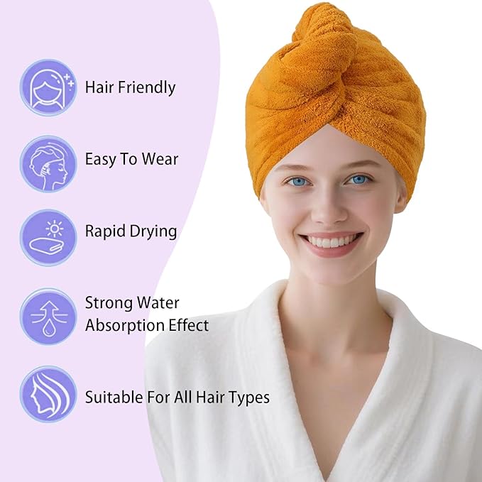 AGKXHDEC 1 Pack Double Layer Microfiber Towel, Hair Turbans for Wet Hair, Drying Hair Wrap for Women (Apricot Yellow)