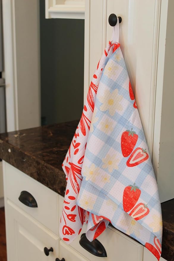 Desert Aqua 2 Pack Double Sided || Not Your Ordinary Kitchen Towels || Dish Towels || Quick Dry || Waffle Weave Microfiber || Highly Absorbent || Hanging Hook (Strawberry)