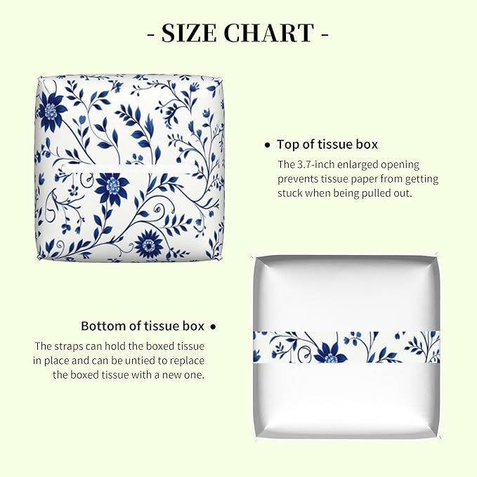 Blue and White Floral Tissue Box Cover,Abstract Boho Flowers Botanical Waterproof Leather Square Tissue Box Cover Case Facial Paper Organizer Dispenser Box Holder for Home Office Bathroom Vanity