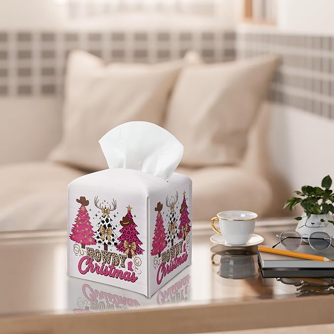 Christmas Tissue Box Holder, Pink Western Cowboy Christmas Trees Leather Tissue Box Cover Square, Paper Facial Decorative Tissues Cover for Night Stands Bathroom Office Home Decor-B08