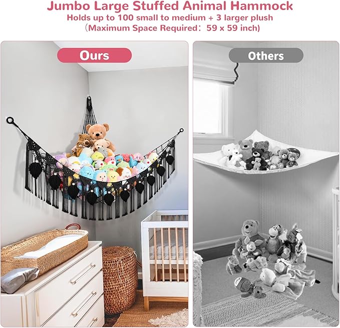 82.7x59x59 Inch Jumbo Stuffed Animal Storage Hammock Corner, Black Macrame Leaf Hanging Stuffed Animal Net Organizer for Stuffy Plush, Toy Hammock Holder w/LED Light for Boy Girl Gift Nursery Decor