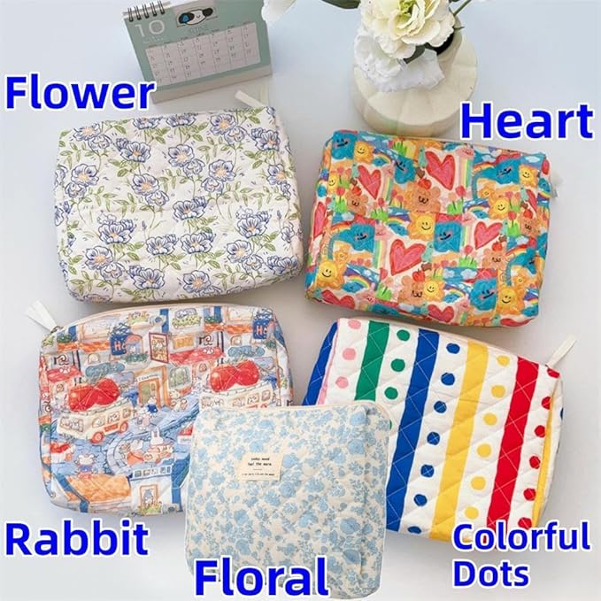 Fcteap Makeup Bag Travel Essentials Quilted Cosmetic Toiletry Pouch Organizer Insert for Women Dorm Room Essential Gift Large Capacity Opening Lightweight Cute Aesthetic Portable 2PCS (Heart)