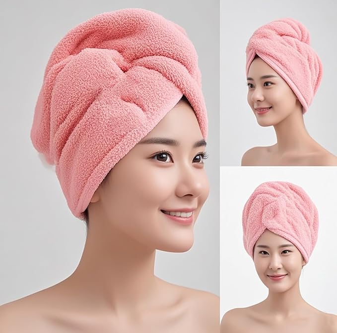 AGKXHDEC 1 Pack Double Layer Microfiber Hair Towel, Hair Turbans for Wet Hair，Pink with Rabbit