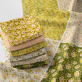 Floral Patchwork Fabric Panel 100x155 cm – 100% Cotton Satin, 6 Coordinated Yellow & Green Flower Prints on One Continuous Sheet (Assorted Florals – Yellow, Olive, Blush, 6pcs 50x50cm)