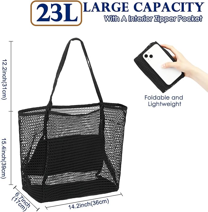 Fammart Mesh Beach Bag, Large Beach Tote with Zipper Pocket for Family Pool Bag for Toys & Vacation Essentials