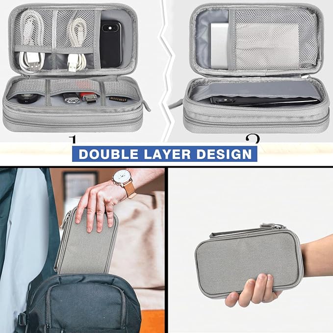 CAAORDKSO Travel Organizer Pouch Electronic Accessories Carry Case Portable Waterproof Double Layers Storage Bag for Cable, Cord, Charger, Phone, Power Bank, Earphone, Hard Drive (Light Grey, Large)