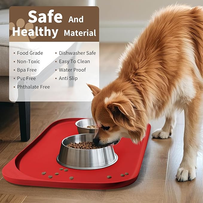 Smilool Silicone Pet Food Mat with Raised Edge for Food and Water Bowl, Dog Feeding Mats, Cat Food Trays for Floor Waterproof, Rubber Tray for Dogs and Cats, 24 x 16 x 0.8 Red