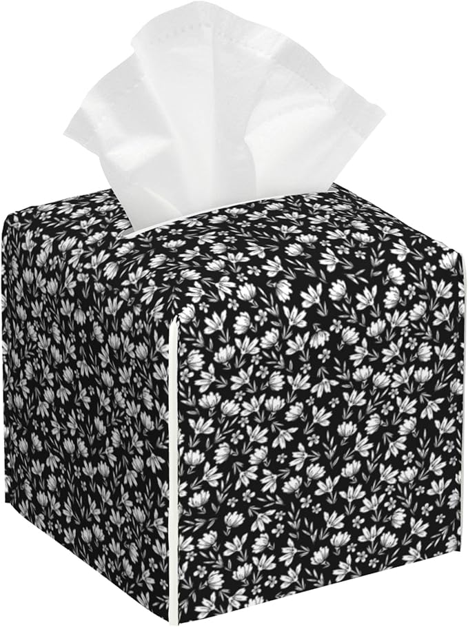 POIUBLE Leather Tissue Box Holder Black and White Flowers Tissue Box Cover Square Waterproof Tissue Holder Organizer Modern Napkin Holder for Bedroom Dresser Night Stand Office Desk
