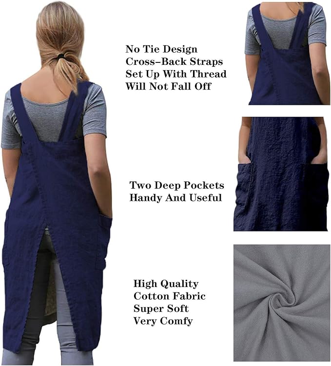 Women's Practical Cross Back Pinafore Apron with Large Pockets Home Kitchen,Restaurant,Coffee house,Cooking Gardening Works