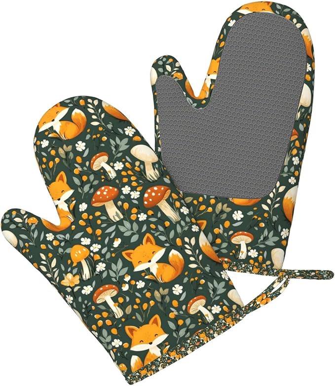 Heat Resistant Oven Mitts 2 Pack, 500°F Silicone Oven Gloves with Non-Slip Grip, Soft Quilted Cotton Lining for Baking, Grilling, BBQ, Cooking (Fox Green)