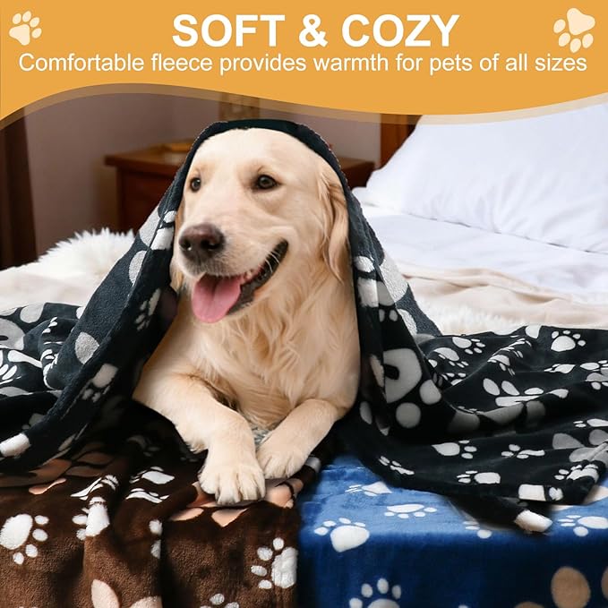 Gowyeg Premium Dog Blankets for Large Dogs & Cat Flannel Blanket Washable, Soft Pet Throw Cover for Kennel Crate Bed, Cute Paw Pattern, 41x31 inch,Blue/Black/Brow