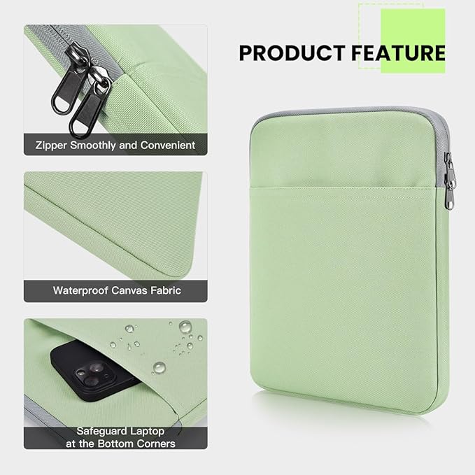 Tablet Sleeve for 7" Kindle Paperwhite and Colorsoft Signature Edition/ 6.8" Kindle Paperwhite 11th Gen, Protective Pouch Bag Case Cover for Kobo Clara 2E e-Reader, Green