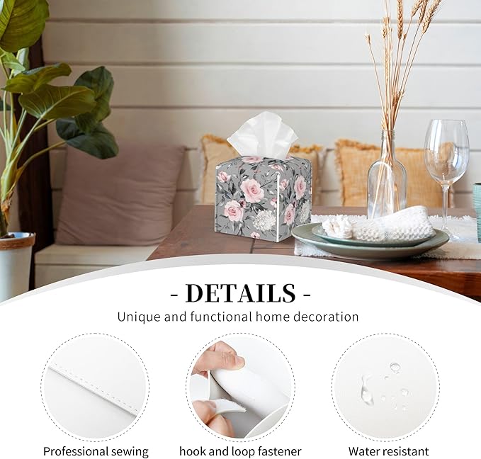 Pink Rose Flowers Tissue Box Cover Square,Colorful Spring Floral Tissue Box Holder Waterproof Leather Facial Paper Organizer Dispenser for Bathroom Home Car Nightstand Vanity Desk