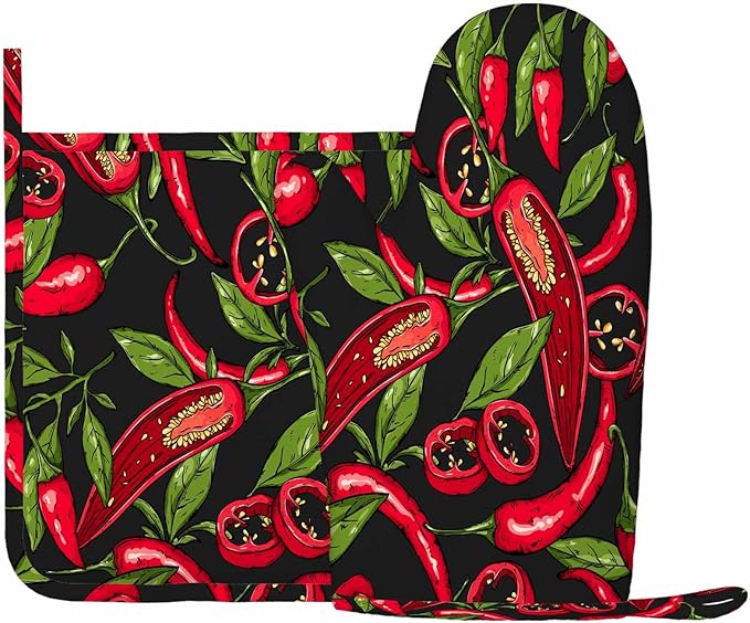 Mxocom Mexican Hot Pepper Chili Oven Mitts and Pot Holders Sets Slices Halves Crushed Pieces and Branch Organic Healthy Red Silicone Heat Resistant Kitchen Oven Gloves Pot Holder for Cooking