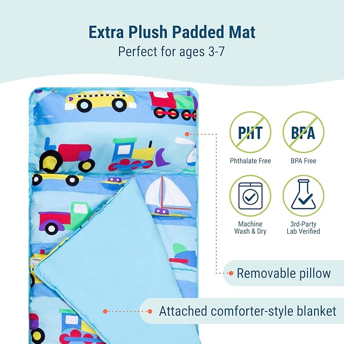 Wildkin Kids Microfiber Nap Mat – Soft Sleep Mat with Pillow, Ideal for School & Travel - On The Go