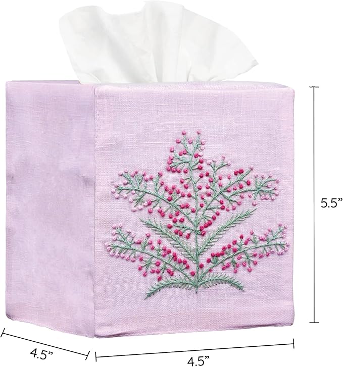 EmbroideryLinen.VN Tissue Box Cover Set of 2, Square Linen Tissue Holder, French Knot Hand Embroidered Floral Design, 4.5x4.5x5.5 Inches, Decorative Holder for Bathroom, Living Room, Office (Pink)