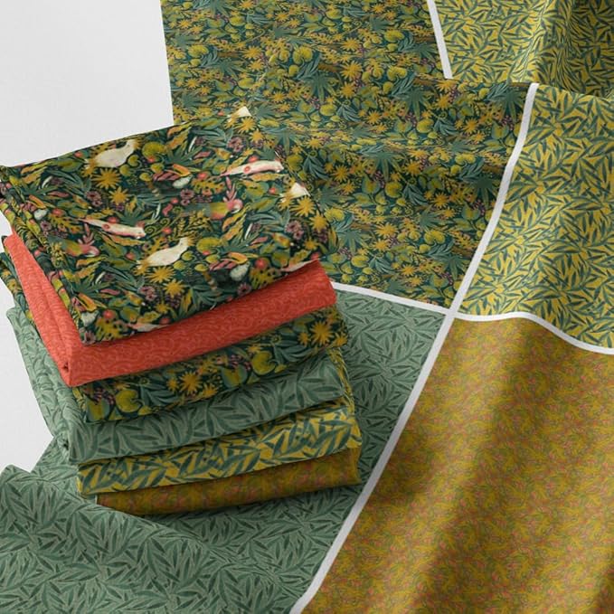 Tropical Patchwork Fabric Panel 100x155 cm – 100% Cotton Satin, 6 Coordinated Botanical & Bird Prints on One Continuous Sheet (Wild Tropics, 6pcs 50x50cm)