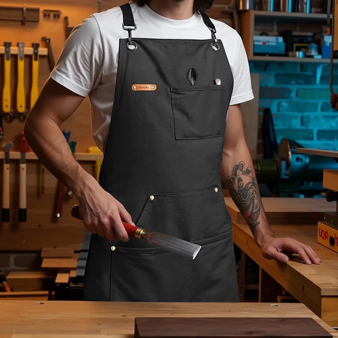 Professional Chef Apron for Mens, 100% Cotton Canvas, Kitchen Cooking BBQ Grilling Apron, Durable