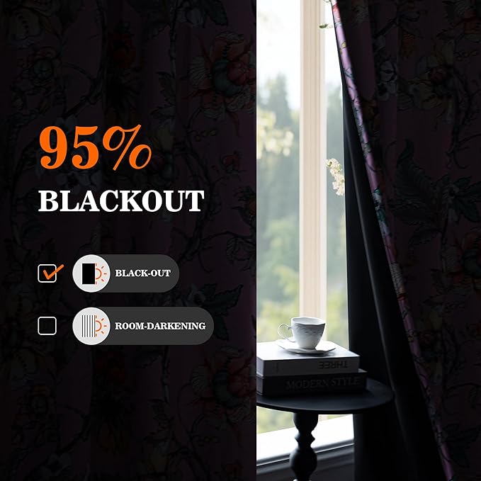 MYSKY HOME Floral Blackout Curtains 95 inches Long Black Out Thermal Insulated Privacy Protect Vintage Classical Flower Print for Living Room Dining Room Nursery Girls Bedroom, Pack-2, 52" x 95", Pink