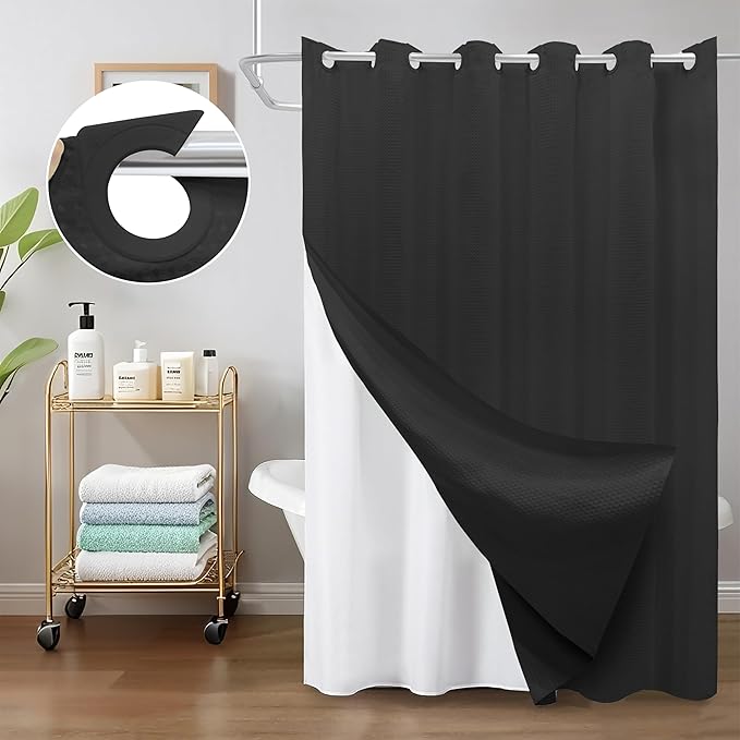 Inhousolu No Hook Waffle Weave Shower Curtain with Removable Snap in Fabric Liner Set for Bathroom, 230 GSM Heavy Duty Weighted Hem, Water Repellent Washable Bath Curtains, 72 x 78 Inch, Black