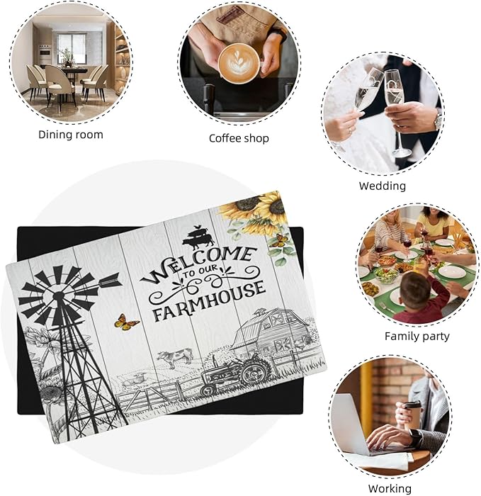 Farm Placemats, Vintage Rustic Farmhouse Wooden Plank Cow Sunflower Tractor Windmill Butterfly Print Washable Fabric Placemats Table Kitchen Dining Party 12x18 Inch Set of 6