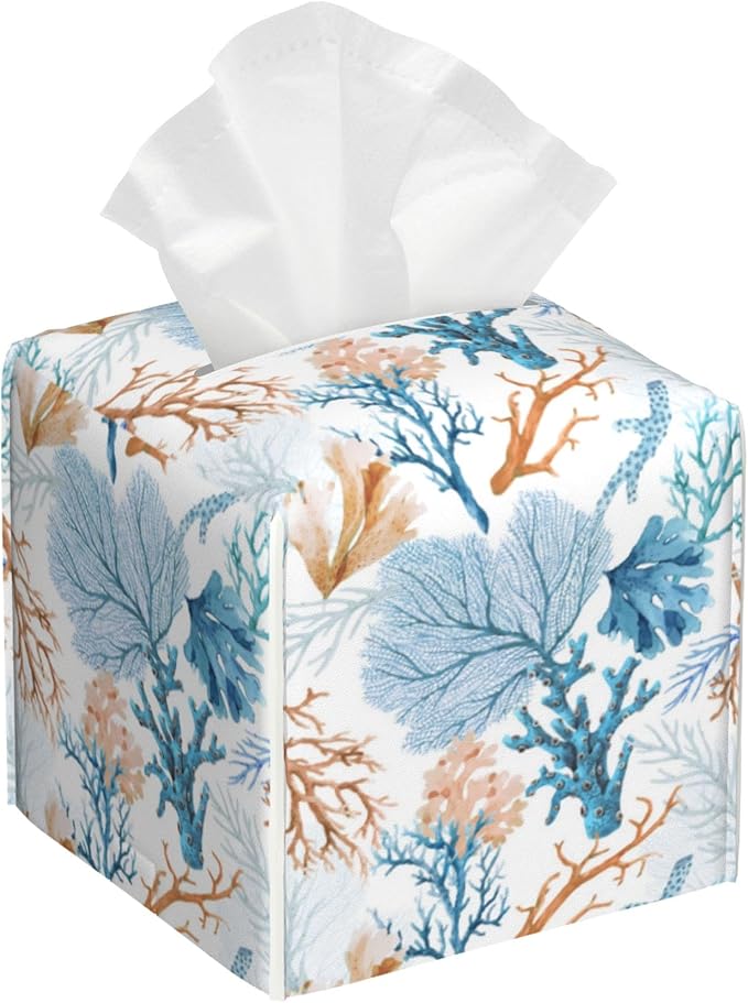 POIUBLE Tissue Box Holder Watercolor Blue Corals Tissue Box Cover Square Leather Tissue Holder Organizer Portable Decorative Facial Paper Case for Home Office Bathroom Vanity Countertop