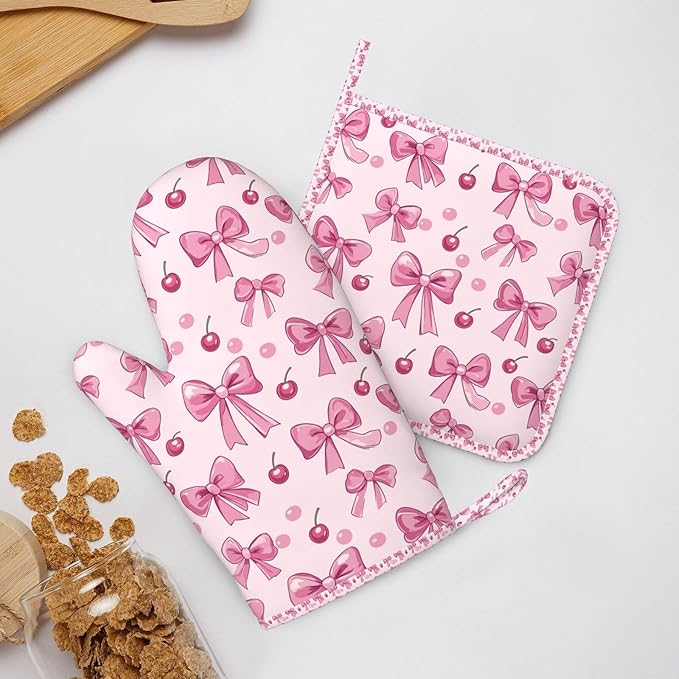 Oven Mitts Pot Holders Set Pink Bow Pattern Cherry Silicone Kitchen Gloves Potholders Heat Resistant for Chef Baking Cooking Grilling BBQ 4 Pack Mitt