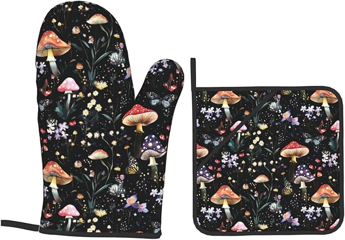 Oven Mitts and Pot Holders Sets of 4 Mushroom Botanical Vintage Kitchen Potholder Gloves Heat Resistant Non-Slip for Chef Baking Cooking Grilling BBQ Mittens
