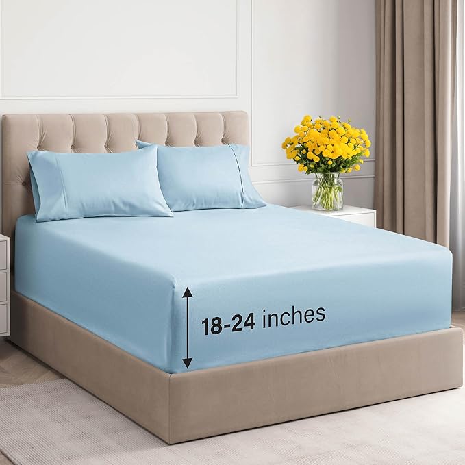 Extra Deep Pockets 400 Thread Count 100% Cotton 4 Piece Queen Size Bedding Sheet Set - Breathable & Cooling - Hotel Luxury Bed Sheets Set - Soft, Wrinkle Free And Comfy Light Blue Bedding Sheets Set