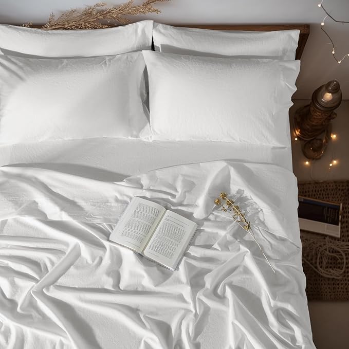 LBRO2M 100% Linen Sheet Set California King Size, Bed Sheets 6 Piece Sets,Solid Color Natural Flax Bed Sheets Soft Breathable Bedding,16" Deep Pocket,All Season (Cal King, White)