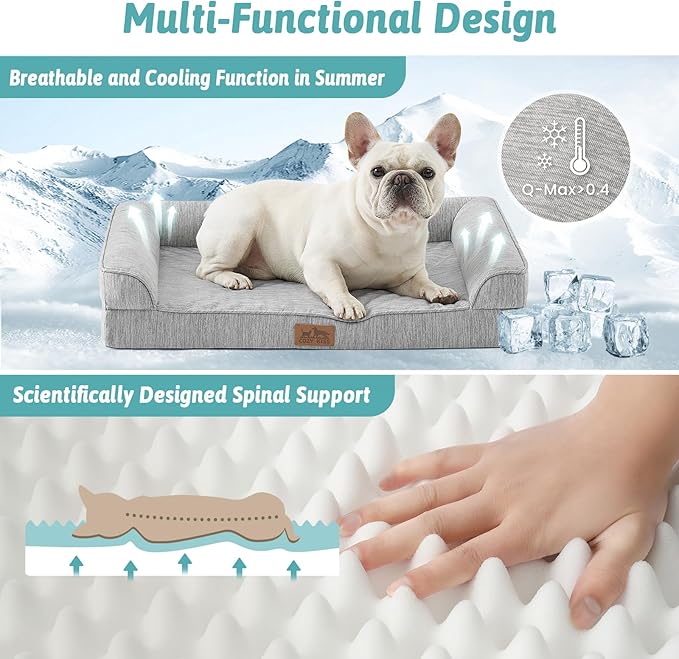 COZY KISS Cooling Dog Bed, Orthopedic Foam Dog Bed with Sides, Removable Cover & Waterproof Lining and Nonskid Bottom, Comfortable Pet Beds for Extra Large Dogs, Grey (48" L x 32" W x 7.5" Th)