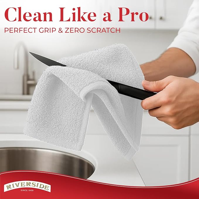 RIVERSIDE Bar Mop Towels Pack of 12, 16x19 Inches, 100% Ring Spun Cotton Terry Cloth Kitchen Towel, Highly Absorbent & Reusable Multipurpose Cleaning Rags for Bathroom, Hotel, Restaurant, White