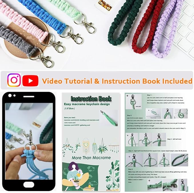 Adult DIY Craft Keychain Making Kit Boho Macrame Keychain Kit Includes Key Rings Precut Macrame Cord Instructions to Make Cute Keychains and Lanyards Kids Crafts Projects Kits Macrame Beginners