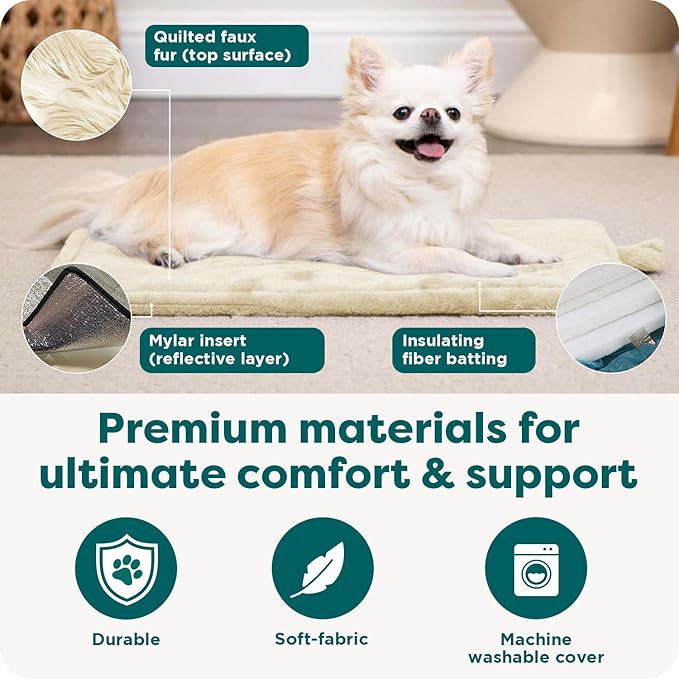 FurHaven ThermaNAP Self Warming Cat Mat, Dog Bed for Crates with Self-Warming Technology for Cozy Rest, Fully Machine Washable, Small, Plush Faux Fur, Cream