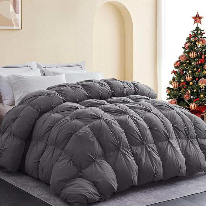 SNOWMAN Premium Down Comforter King Size, Luxurious All Season Duvet Insert with Cotton Blended Fabric, Pinch Pleat Design Hotel Bedding Comforter (Grey,106"x90")