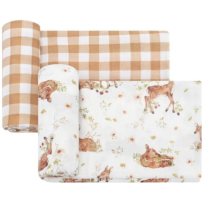 LifeTree Baby Swaddle Blankets, Boys Girls Muslin Swaddling Wrap Receiving Blanket for Newborn, 70% Viscose from Bamboo and 30% Cotton, Large 47" x 47", Deer and Checkered