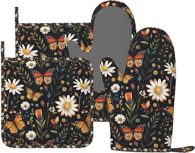 Oven Mitts Pot Holders Set Vintage Butterfly Daisy Leaf Silicone Kitchen Gloves Potholders Heat Resistant for Chef Baking Cooking Grilling BBQ 4 Pack Mitt