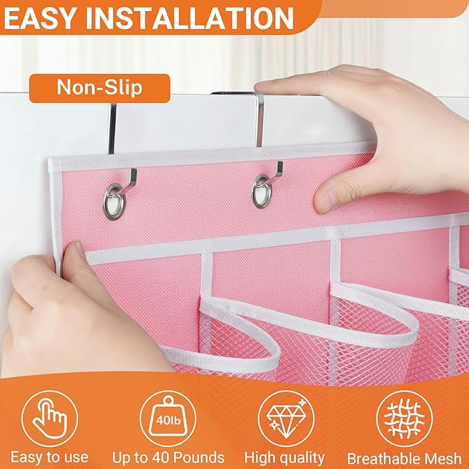 Hualleko 40-Pocket Over the Door Shoe Organizer - Large Mesh Pocket Hanging Shoe Organizer,Behind the Door Shoes Storage Holder Hanger (Pink-W)