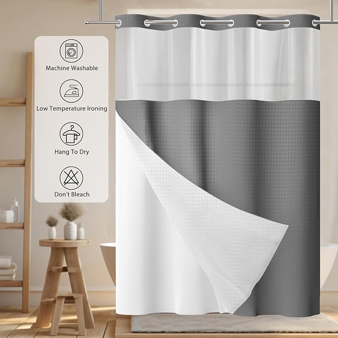 GICDSU No Hook Shower Curtain with Snap in Liner, Waffle Shower Curtain Set for Bathroom, Hotel Style with Semi-Sheer Top Window, Waterproof & Washable, Dark Grey, 71" W x 86" L
