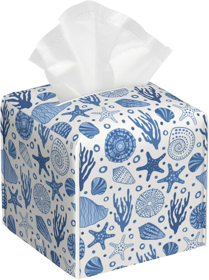 BLYKVGHQ Undersea World Square Tissue Box Cover Starfish and Seashell Tissue Box Holder Facial Cube Paper Dispenser Leather Decorative Organizer Home Office Desk Decor, 5.2"x5.2"x5.2"