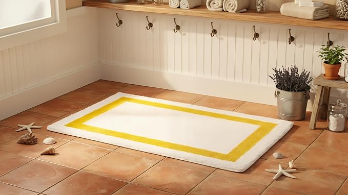 C23 Luxury Deep-Pile Bath Rug | 2200 GSM Ultra-Soft Plush Thick Bathroom Mat | 20"x32" Mustard Yellow & White High-Density Loft Rug | Non-Slip Natural Latex Back, Absorbent, Machine Washable, 1 Piece