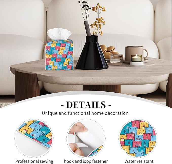 POIUBLE Cute Colorful Cats Tissue Box Cover Leather Tissue Box Holder Square Facial Paper Organizer Dispenser for Bathroom Kitchen Bedroom Vanity Countertop Night Stands