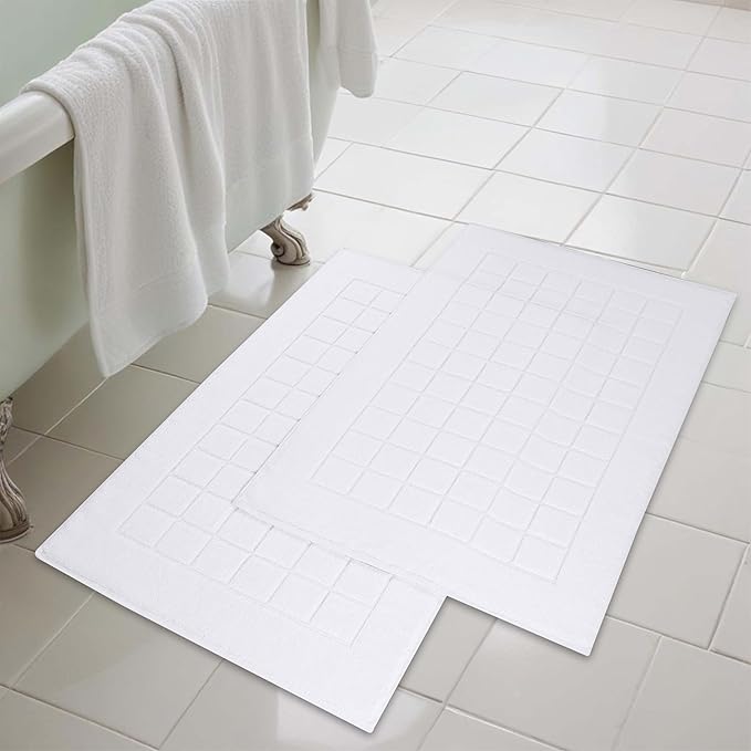 Superior 100% Cotton Bathmat Set, Bath Mats, Bathroom Decor, Shower, Bathtub Essentials, Home Accessories, Small Washable Rug, No Backing, Heavyweight, Nora Collection, Set of 2, 22" x 35", White