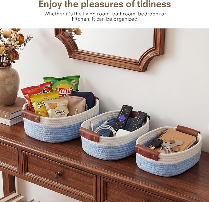 ECDYQXVU 5 Piece Storage Baskets Small Woven Basket with Detachable Leather Handle, Cotton Rope Shelf Baskets for Closet Organizers, Different Sizes Basket Decor, White Blue
