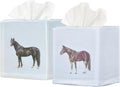 EmbroideryLinen.VN Tissue Box Cover Set of 2, Square Linen Tissue Holder, Printed Animal Pattern, 4.5x4.5x5.5 Inches, Decorative Holder for Bathroom, Living Room, Office (Horse - Ivory)