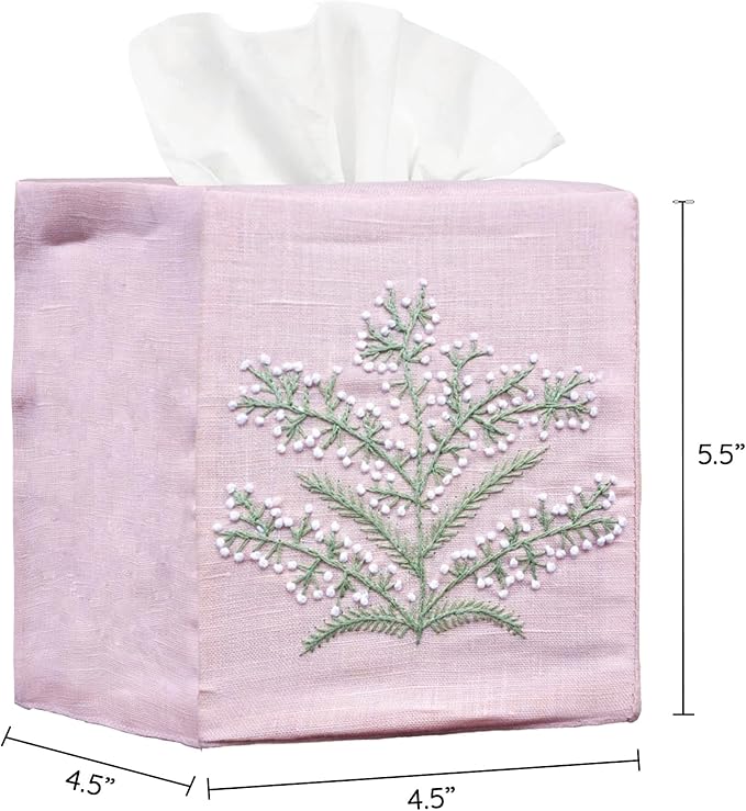 EmbroideryLinen.VN Tissue Box Cover Set of 2, Square Linen Tissue Holder, French Knot Hand Embroidered Floral Design, 4.5x4.5x5.5 Inches, Decorative for Bathroom, Living Room, Office (Grey & Pink)