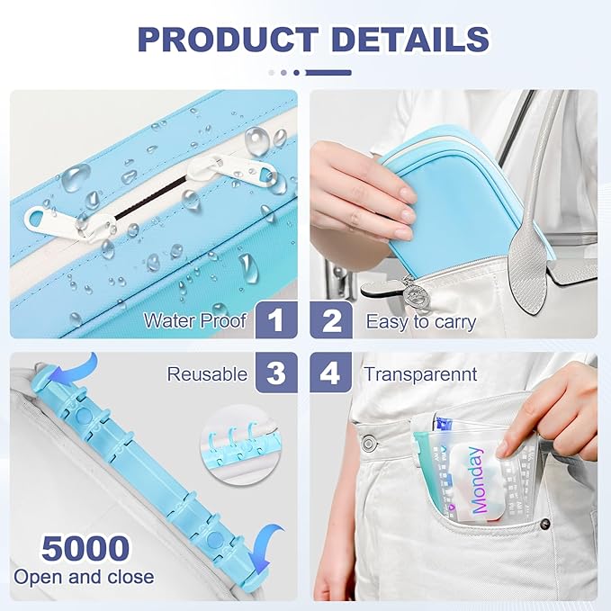 Weekly Pill Organizer 2 Times a Day - Timueetech A6 Waterproof 14 Pill Pouch Bags for Travel, BPA-Free Medicine Storage with Labels & Self-Sealing Design for Vitamins and Supplements, Blue