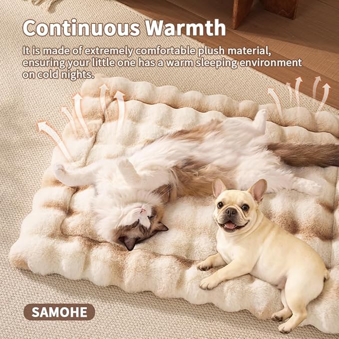 SOMAHE Cat Bed Ultra Soft Plush Machine Washable Pet Mat with Non-Slip Rubber Bottom for Indoor Cats & Dogs Faux Fur Cushion Pad for Floor Couch Carrier for Kittens & Puppies 23 x 15 Inch Medium Camel