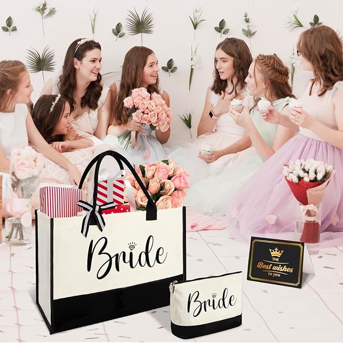 Vanqruo Bride Gifts Canvas Tote Bag with Makeup Bag, Wedding Gifts for Bridal Shower Bachelorette Party Engagement Honeymoon, Miss to Mrs, Bride to Be, Bridal Shower Decorations